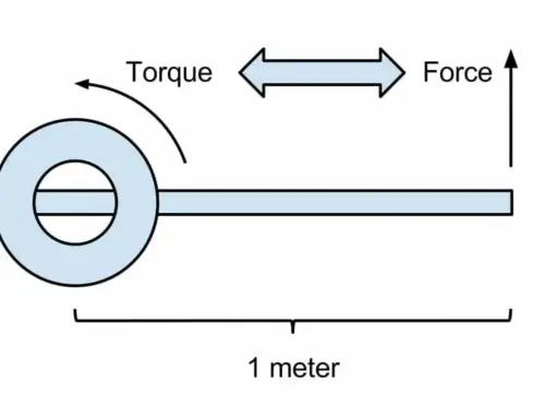 Diagrama ilustra cómo el par motor se mide en Newton-metros, con una fuerza aplicada a un brazo de 1 metro.