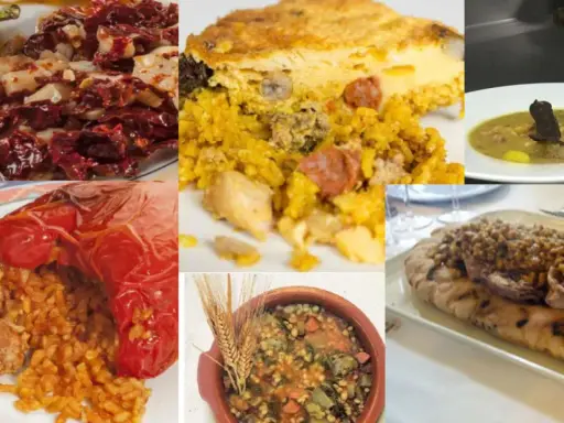 Collage de platos que representan la comida típica de Alicante: arroz con carne, pimientos rellenos, guiso y más.
