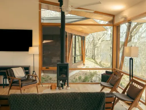 Salon moderne avec poêle à granulés 8 kw. Combien de m2 peut-il chauffer ? Fenêtres panoramiques, mobilier design, vue sur la nature.