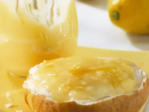 Ein Brötchen mit cremigem Lemon Curd, das ist die Antwort auf die Frage: was ist Lemon Curd. Daneben ein Glas voller dieser gelben Köstlichkeit.