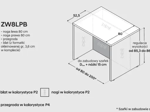 Schemat modułu kuchennego ZW8LPB. Wymiary: głębokość 52,5 cm, blat 80 cm. Regulacja wysokości od 85,3 do 86 cm. Szerokość wyspy kuchennej od 80 do 200 cm.