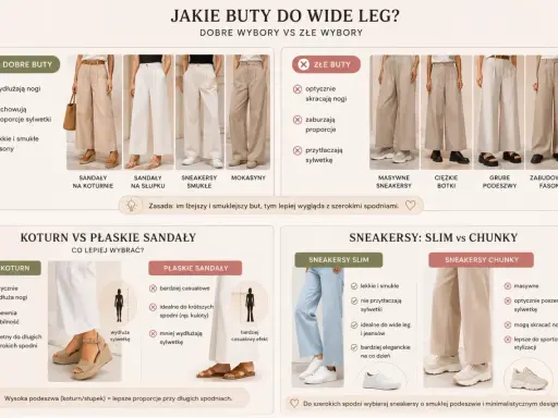 Dobre buty do szerokich spodni wydłużają nogi i zachowują proporcje sylwetki. Wybieraj lekkie i smukłe fasony, które podkreślą długość nogawki.