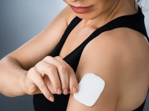 Kobieta przykleja plaster antykoncepcyjny na ramię. Poznaj, jak działają plastry antykoncepcyjne, uwalniając hormony przez skórę.