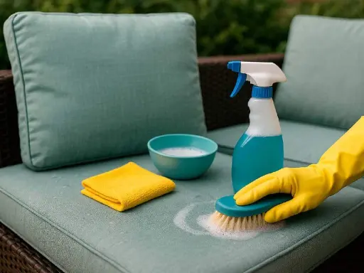Guante amarillo cepilla cojín con espuma. Kit de limpieza: botella spray, bol con jabón, paño amarillo. Aprende como lavar cojines en lavadora.