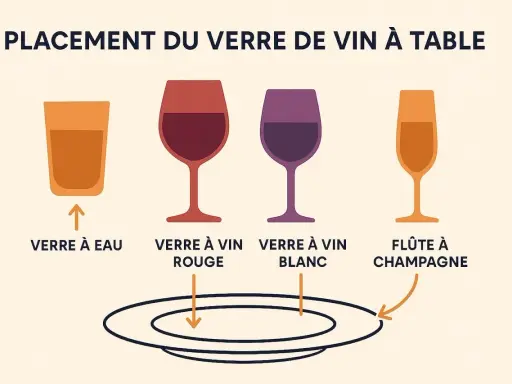 Placement des verres à table : verre à eau, verre à vin rouge, verre à vin blanc, flûte à champagne.