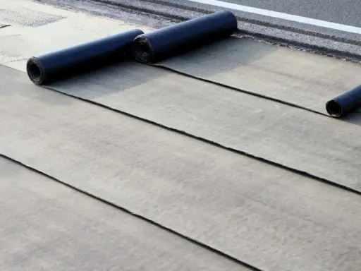 Instalación de tela asfáltica en rollo sobre una superficie. Se aprecian varias capas desplegadas y rollos listos para continuar.