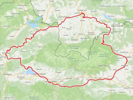 Wyznaczony czerwony szlak wokół Tatr, biegnący przez polskie i słowackie tereny, obejmuje m.in. Nowy Targ, Zakopane, Tatrzański Park Narodowy i Wysokie Tatry.