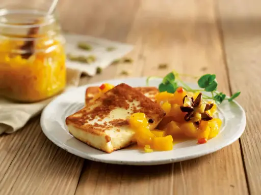 Gebratener Halloumi mit fruchtigem Mango-Chutney. Wozu isst man Chutney? Perfekt als süß-scharfe Beilage zu Käse!