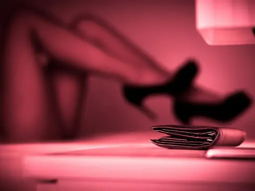 Portfel na stole, w tle niewyraźne nogi w szpilkach. To może być symbol tego, czym jest sexworking.