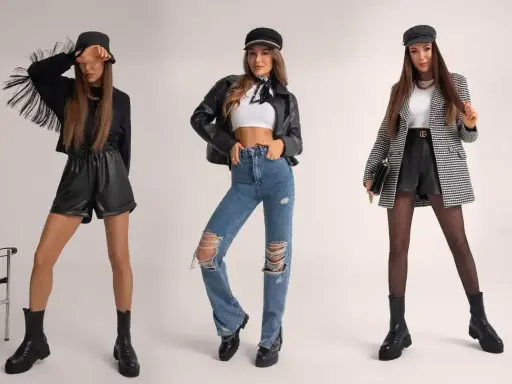 Trzy kobiety w stylizacjach grunge: skórzane szorty, podarte jeansy, ramoneska, marynarka w kratę, czapki i ciężkie buty.