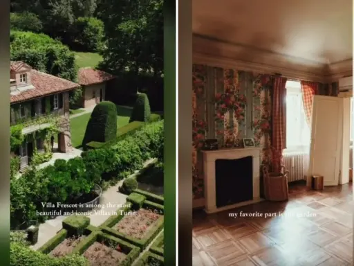 Villa Frescot: esterni lussureggianti e interni con camino e carta da parati floreale.