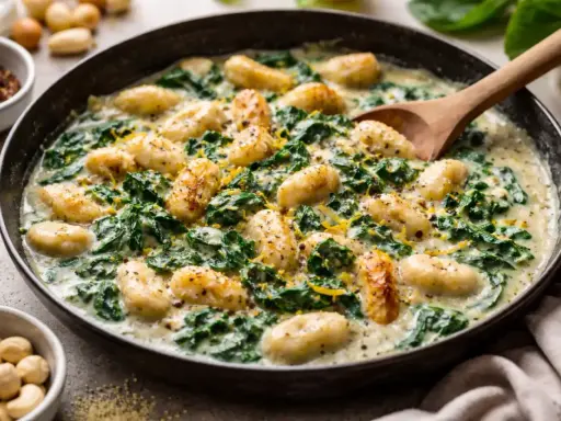 Eine cremige Gnocchi-Pfanne mit Spinat und geriebenem Käse, garniert mit Zitronenschale und Pfeffer. Ein köstliches Gericht, das zum Genießen einlädt.