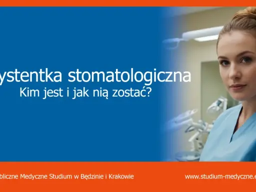 Młoda kobieta w niebieskim uniformie medycznym, uśmiechnięta. Tekst: "Asystentka stomatologiczna - Kim jest i jak nią zostać?". Kurs dla przyszłych asystentek stomatologicznych.