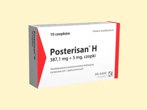 Opakowanie czopków Posterisan H, zawierające 10 sztuk. Preparat na bazie bakterii Escherichia coli i hydrokortyzonu.