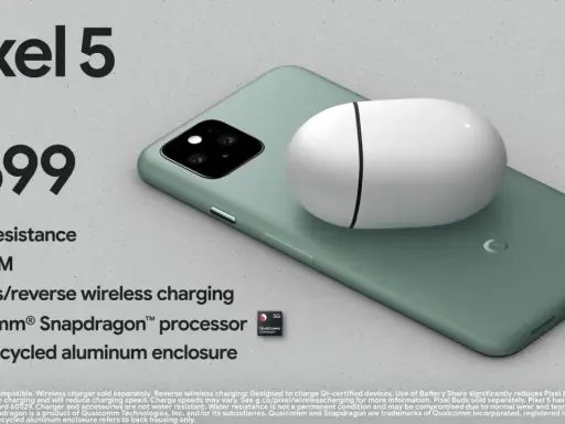 Google Pixel 5 w kolorze zielonym, z białymi słuchawkami na obudowie. Cena $699, wodoodporność, 8GB RAM.