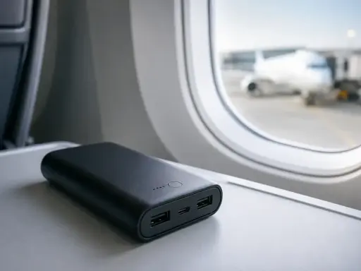 Czarny powerbank na stoliku w samolocie, z widokiem na samolot przez okno.