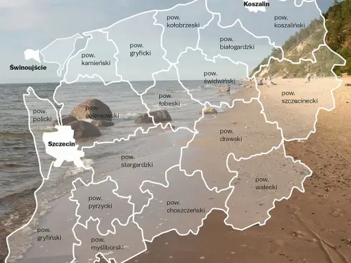 Mapa administracyjna **zachodnio pomorskie** z zaznaczonymi powiatami na tle plaży i morza.