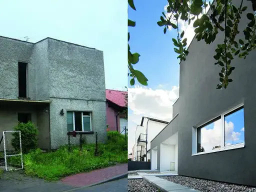 Spektakularna metamorfoza starego domu: od szarej, zaniedbanej bryły do nowoczesnej, eleganckiej przestrzeni.