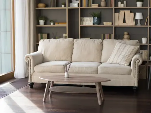 En bekväm soffa framför en bokhylla som ger inspiration. En ljus och inbjudande sittgrupp med en träbricka och doftpinnar.