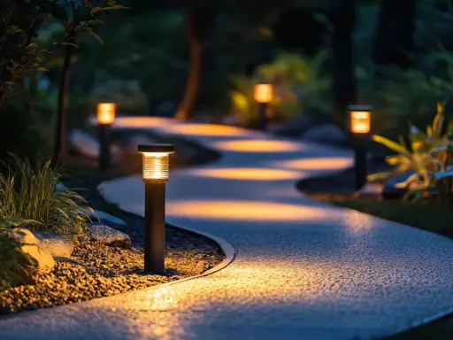 Oświetlenie ogrodu inspiracje: ścieżka w ciemności rozświetlona przez nowoczesne lampy, tworzące magiczną atmosferę.