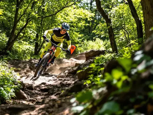 Kolarz MTB w żółtym stroju zjeżdża po kamienistym szlaku. Zastanawiasz się, jaka średnia prędkość na rowerze MTB na takim terenie?