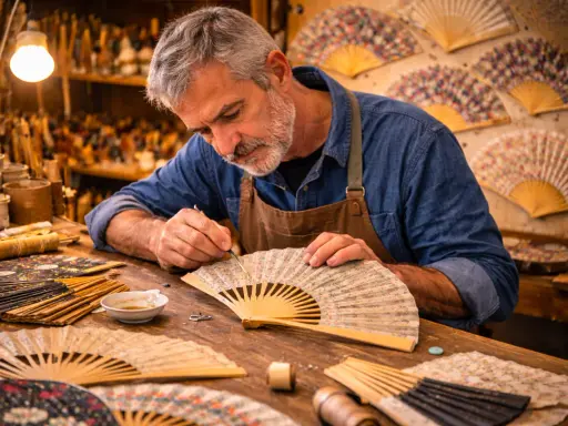 Un artisan expérimenté, au cœur de son atelier, déploie son savoir faire artisanal pour peindre délicatement un éventail.