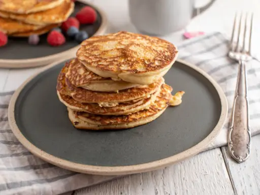 Stos puszystych fit pancakes z odżywki białkowej, ozdobiony malinami i borówkami, czeka na widelcu.