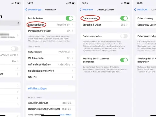 Einstellungen für Datenroaming in Spanien. Hier wird gezeigt, wie man die mobilen Datenoptionen für das Roaming konfiguriert.