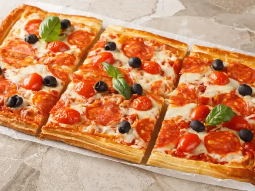 Chrupiąca pizza z ciasta francuskiego z salami, pomidorkami i oliwkami, udekorowana listkami bazylii.