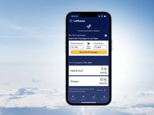 Lufthansa-appen visar alternativ för att köpa lufthansa wifi-paket för en flygning mellan FRA och BER.
