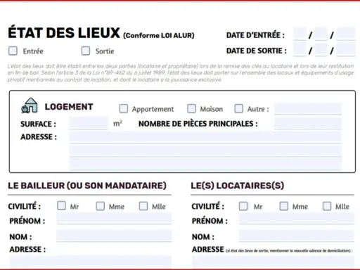 Formulaire d'état des lieux de sortie pour un logement, incluant les détails du locataire et du propriétaire.