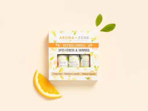 Trio d'huiles essentielles Aroma-Zone : Orange, Marjolaine à coquilles et Petitgrain bigarade pour un moment anti-stress.