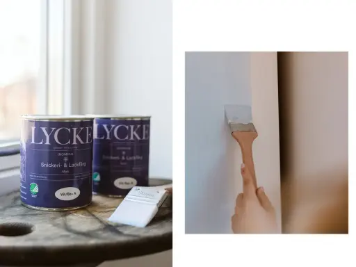 Måla gammalt skåp med ljusblå snickeri- och lackfärg från Lycke. En pensel drar ett jämnt lager färg.