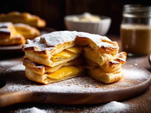Délicieux millefeuilles à la crème, résultat d'une cuisson pâte feuilletée au four parfaite. Saupoudrés de sucre glace.