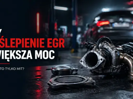 Czy zaślepienie EGR zwiększa moc? Na stole leży turbosprężarka i elementy do jej montażu, w tle warsztat samochodowy.