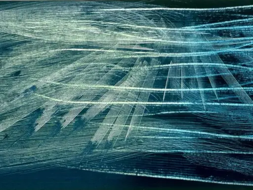 Abstract painting with sweeping white and blue lines on a dark background.