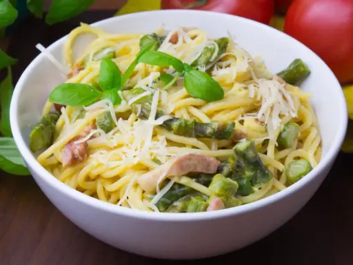 Pyszna carbonara ze szparagami, udekorowana bazylią i parmezanem, czeka na spróbowanie.