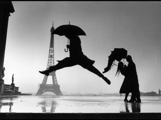 Parigi sotto la pioggia: una silhouette salta con un ombrello, mentre una coppia balla. Le foto più belle di sempre.