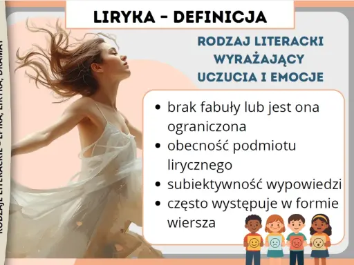 Liryka – rodzaj literacki wyrażający uczucia i emocje, często w formie wiersza. Obraz przedstawia tańczącą kobietę, symbolizującą wolność i ekspresję.