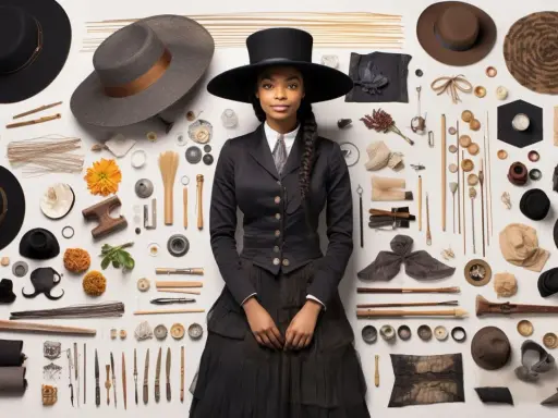 Une jeune femme, une modiste, pose entourée d'outils et de matériaux pour la création de chapeaux.