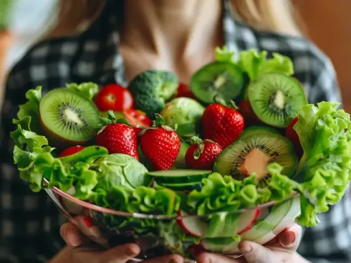 Miseczka pełna świeżych owoców i warzyw, jak kiwi, truskawki, pomidorki, sałata. Czy to zdrowa dieta, czy już ortoreksja?