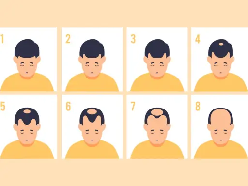 Illustration montrant les 8 stades de la calvitie héréditaire, de la chevelure complète à la calvitie totale.