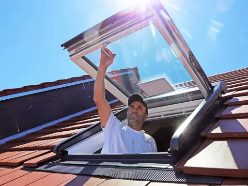 Mann installiert Dachfenster. Informieren Sie sich über Dachfenster Kosten und die Vorteile von mehr Licht.