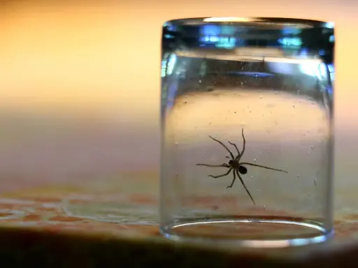 Spinne im Glas gefangen. Ein Glas als Methode, was tun gegen Spinnen, um sie sicher zu entfernen.