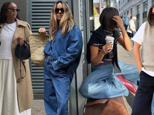 Four women showcase stylish semi-casual attire: trench coat with skirt, denim jumpsuit, striped top with wide-leg jeans, and a vest over a t-shirt with black pants.