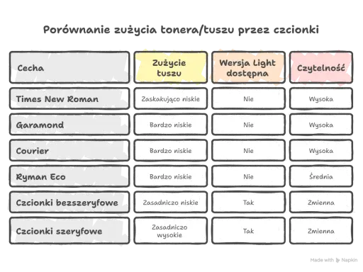 Porównanie zużycia tuszu przez popularne czcionki: Times New Roman, Garamond, Courier, Ryman Eco, bezszeryfowe i szeryfowe.