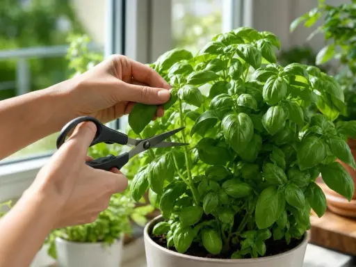 Coup de ciseaux pour récolter des feuilles fraîches d'un basilic en pot luxuriant, prêt à parfumer vos plats.