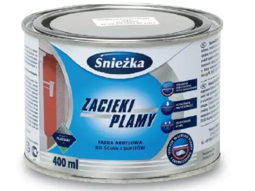 Puszka farby akrylowej Śnieżka "Zacieki i Plamy" 400 ml, przeznaczona do usuwania śladów po wodzie i zabrudzeń.