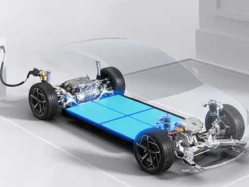Telaio di un'auto elettrica con un pacco di **batterie al litio per auto elettriche** luminoso e un cavo di ricarica collegato.