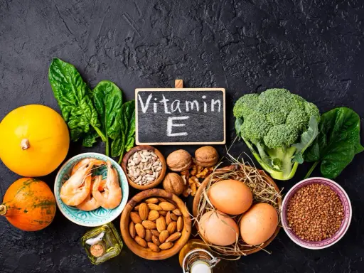 Assortiment d'aliments riches en vitamine E : courges, épinards, crevettes, noix, amandes, graines de tournesol, œufs, brocolis et sarrasin.